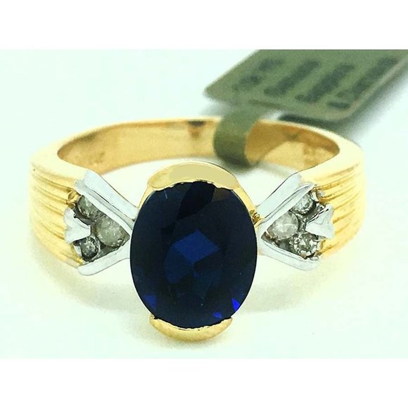 Genuine 1.80 Cts Blue Sapphire & Diamond 10k Gold Ring